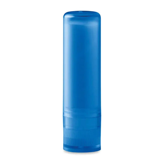 Balsam de buze în tub albastru translucid din plastic cu bază zimțată pentru aplicare ușoară