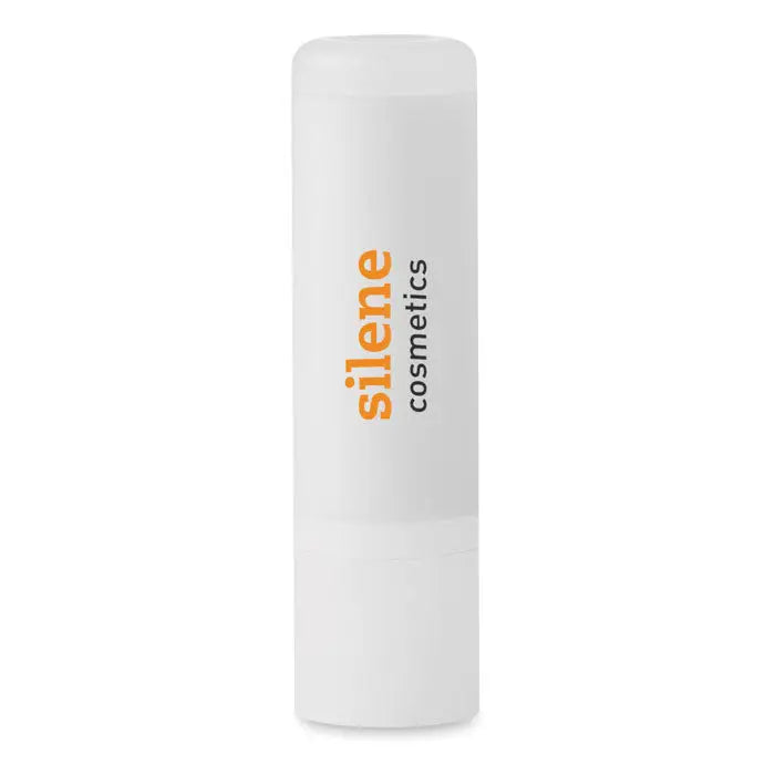 Tub alb cilindric de balsam de buze silene cosmetics cu etichetă portocalie și neagră