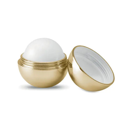 Balsam de buze rotund finisaj uv cu recipient sferic auriu si interior alb rotund