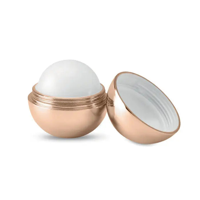 Balsam de buze rotund finisaj uv cu recipient sferic rose gold si interior alb neted si rotunjit