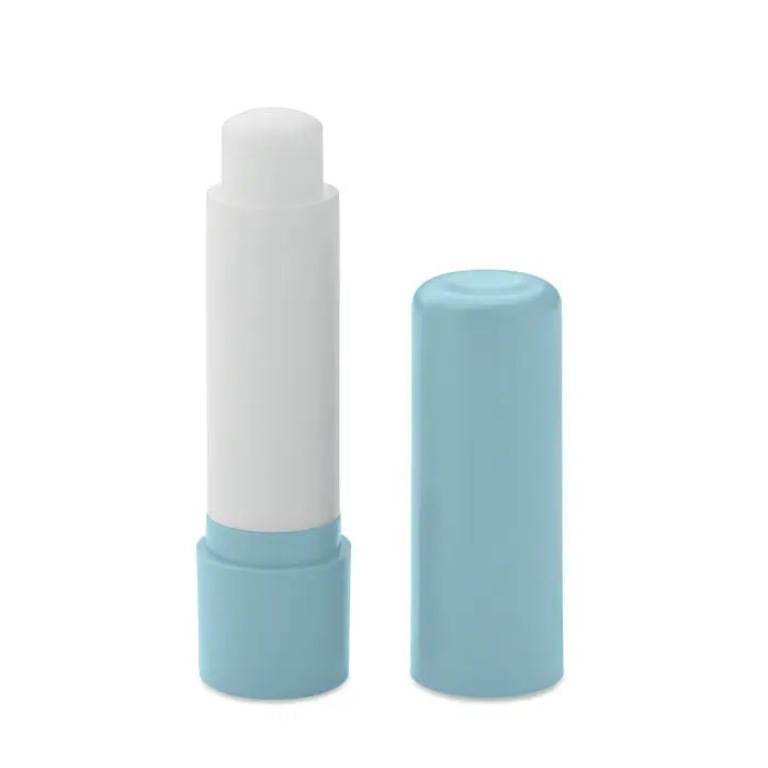 Balsam de buze vegan din abs reciclat tub albastru deschis cu stick alb si capac alaturat