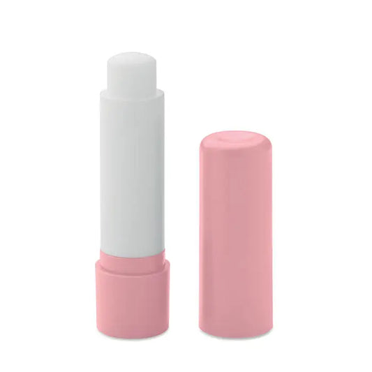 Balsam de buze vegan din abs reciclat tub cilindric roz cu capac si stick alb pentru hidratare buzelor
