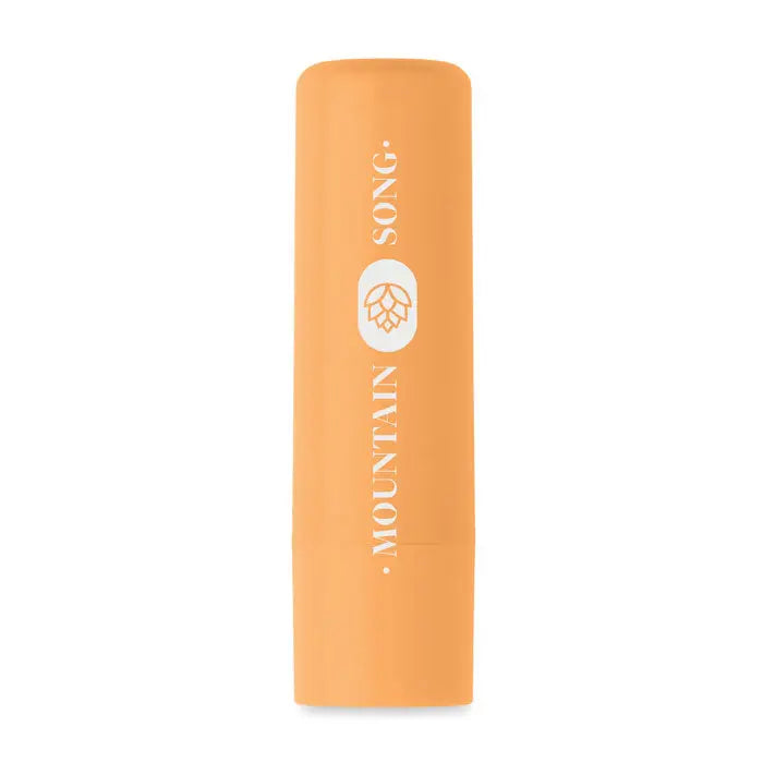 Balsam de buze vegan portocaliu din abs reciclat cu branding mountain song si icon hop alb