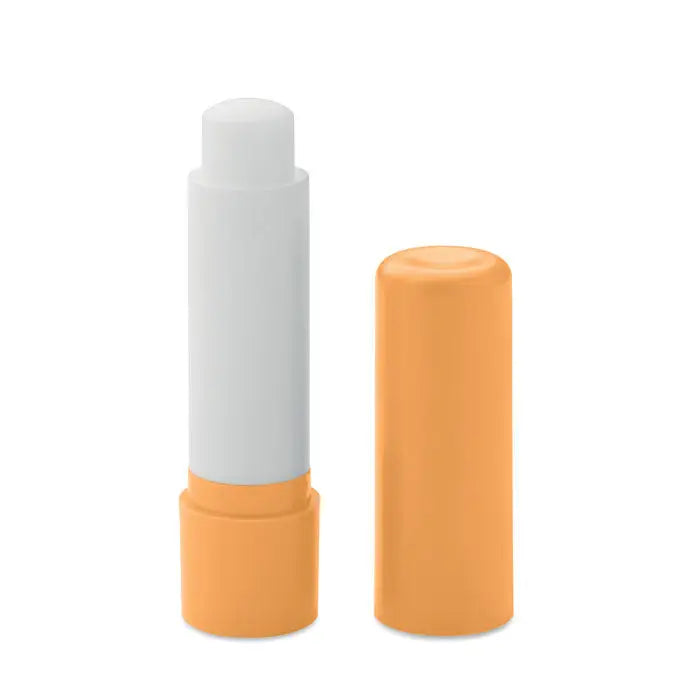 Balsam de buze vegan din abs reciclat in tub plastic portocaliu cu capac alb si stick alb