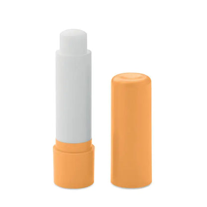 Balsam de buze vegan din abs reciclat in tub plastic portocaliu cu capac alb si stick alb