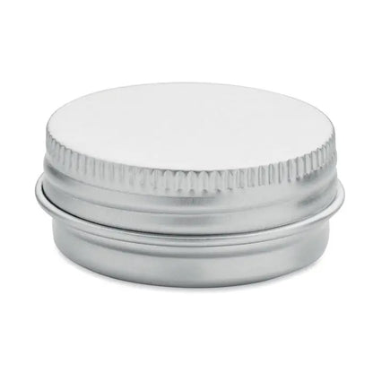 Balsam de buze vegan în cutie rotundă din aluminiu argintiu metalic cu capac striat și suprafață lucioasă