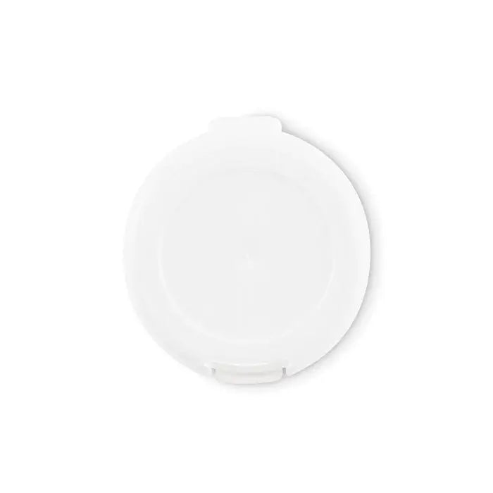 Balsam de buze vegan cu capac alb din plastic neted rotund si doua clapete pentru deschidere
