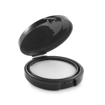 Caseta neagra de pudra compacta din plastic cu pudra alba presata pentru balsam de buze vegan