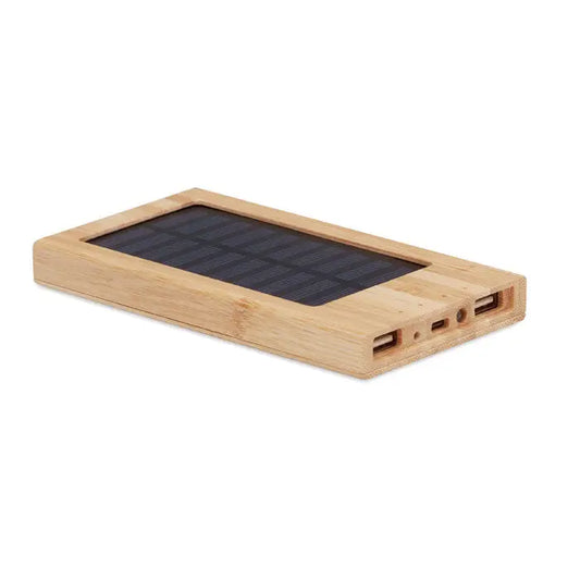 Banca de energie solara 4000 mah rectangulara din bambus cu panou fotovoltaic albastru inchis si porturi usb multiple