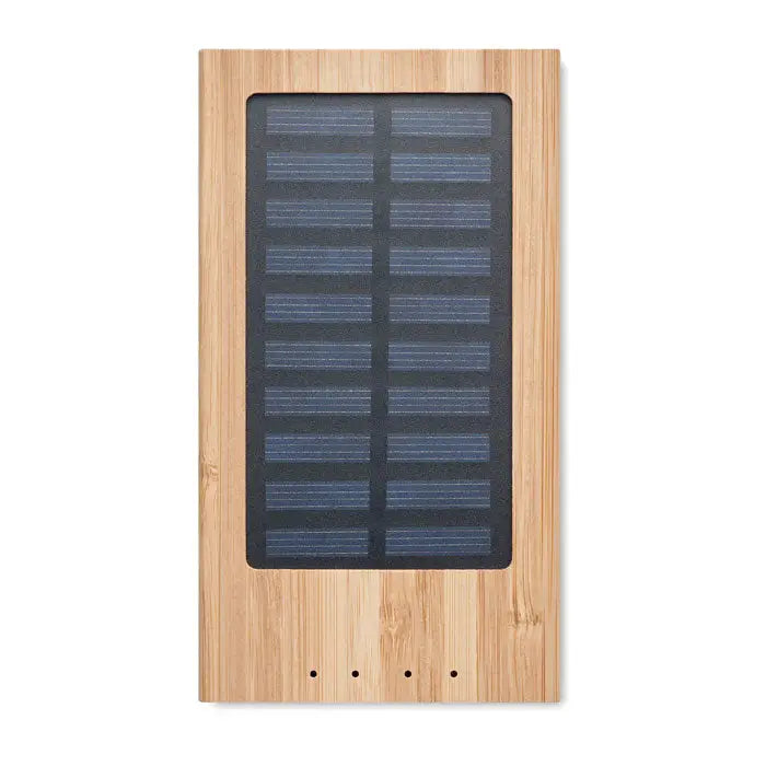 Banca de energie solara 4000 mah cu cadru dreptunghiular din bambus si panou solar albastru inchis cu patru porturi mici circular