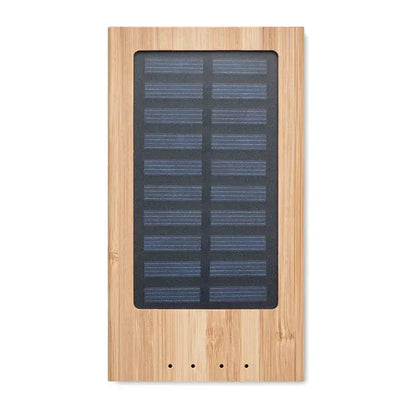 Banca de energie solara 4000 mah cu cadru dreptunghiular din bambus si panou solar albastru inchis cu patru porturi mici circular