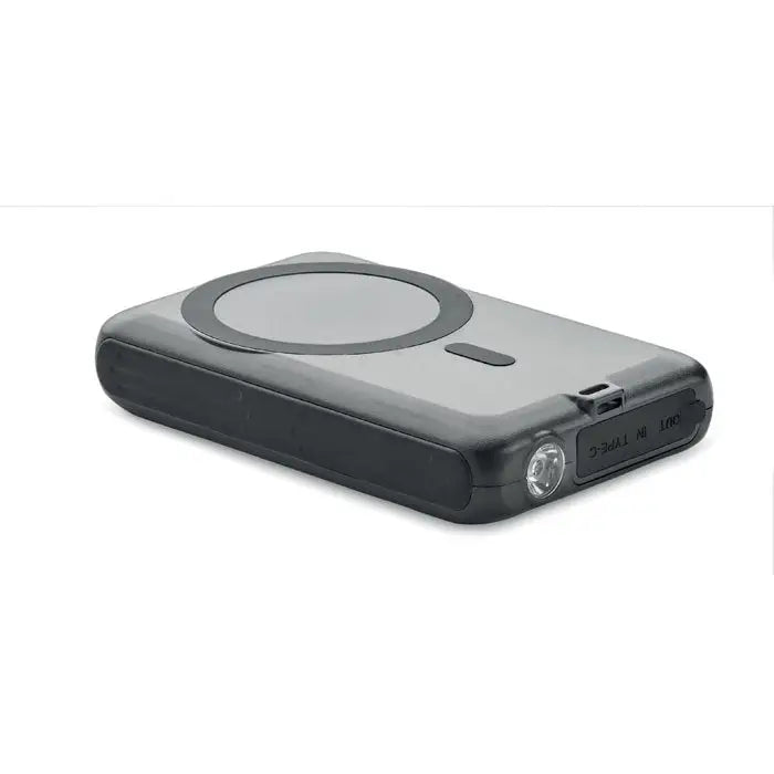 Banca de energie solara 5000 mah negru portabil cu lanterna integrata si pad de incarcare magnetica circulara pe partea superioara
