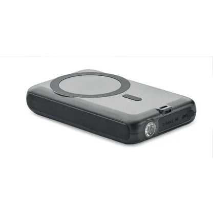Banca de energie solara 5000 mah negru portabil cu lanterna integrata si pad de incarcare magnetica circulara pe partea superioara