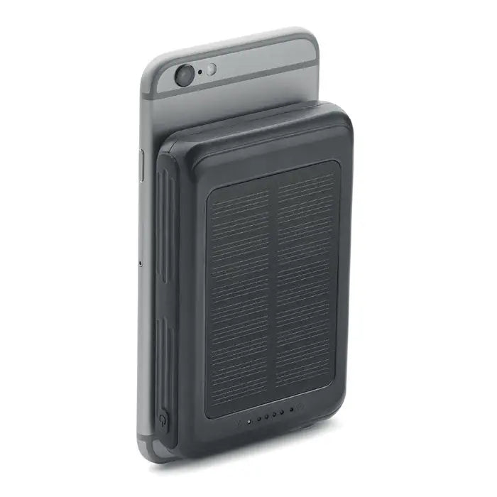 Banca de energie solara 5000 mah neagra cu panouri texturate si leduri indicator pentru incarcare externa