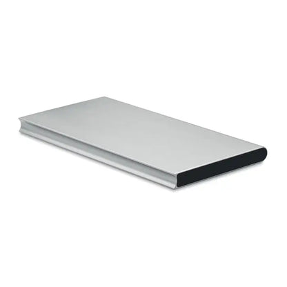 Banca de energie solara 8000 mah power bank dreptunghiular argintiu cu finisaj metalic si accente negre