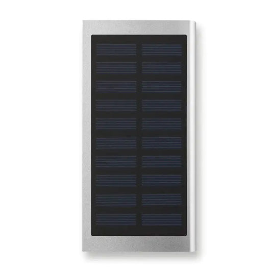 Banca de energie solara 8000 mah charger portabil argintiu dreptunghiular cu panou fotovoltaic negru cu dungi orizontale