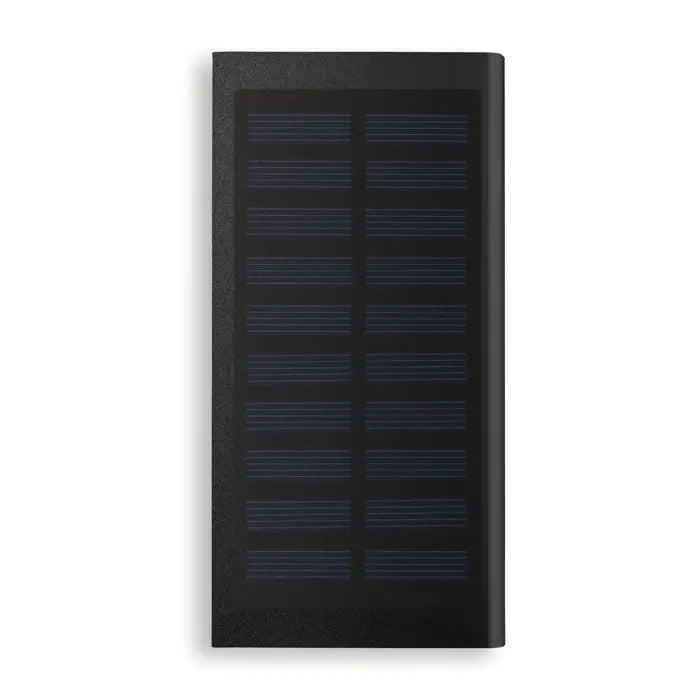 Banca de energie solara 8000 mah neagra cu suprafata texturata si panouri fotovoltaice rectangulare portabila