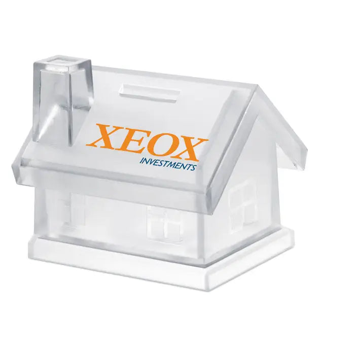 Banca de monede din plastic transparent in forma de casa cu branding portocaliu si albastru