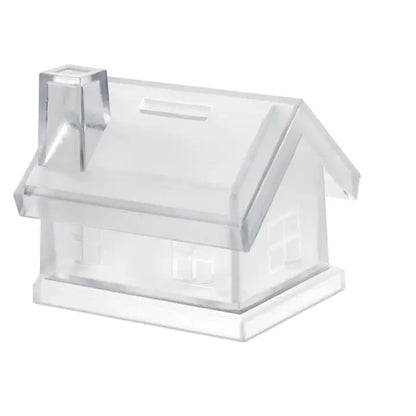 Banca de monede din plastic transparent în formă de casă cu ferești mate și slot dreptunghiular pe acoperiș