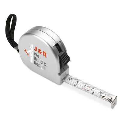 Bandă de măsurat silver j&q de 2m cu carcasă argintie, bandă retractabilă și buclă neagră pentru transport