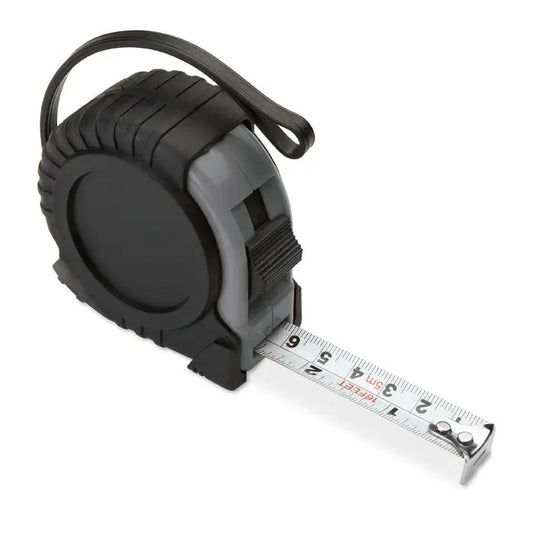 Banda de masurat 5m din plastic negru si gri cu lama metalica retractabila marcata in inch si centimetri