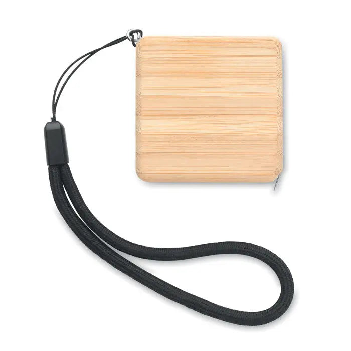 Banda de masurat din bambus 1m cu carcasa patrata deschisa la culoare si snur negru din material textil atasat