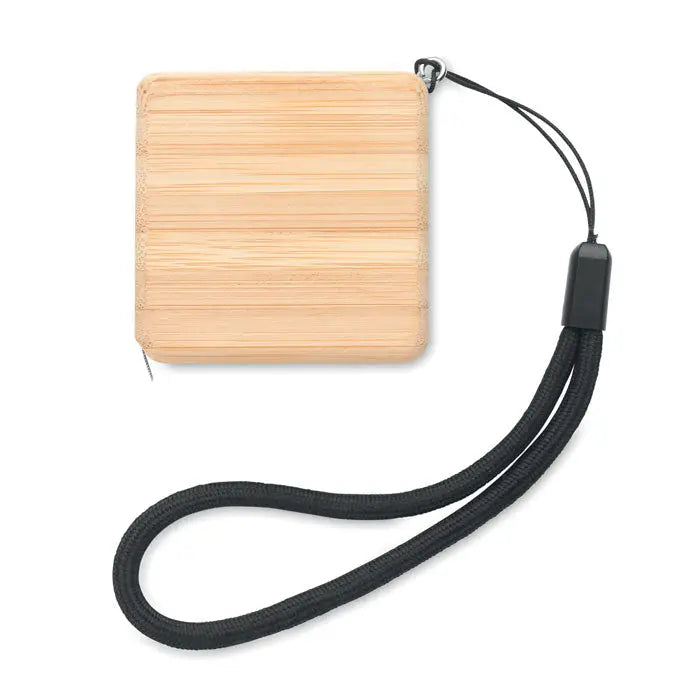 Banda de masurat din bambus 1m cu portofel compact deschis din bambus deschis la culoare si snur negru din material textil