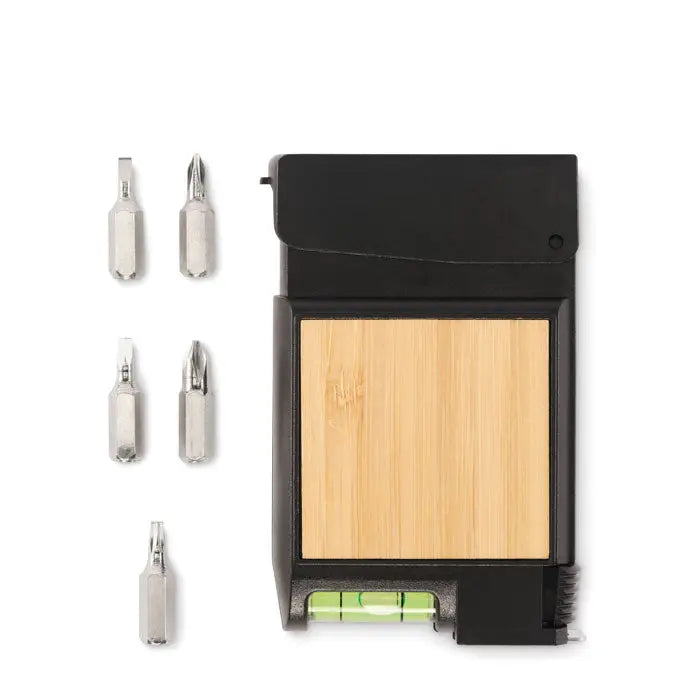 Banda de masurat multifunctionala neagra si bambus cu set pliabil de scule si nivela verde incorporata