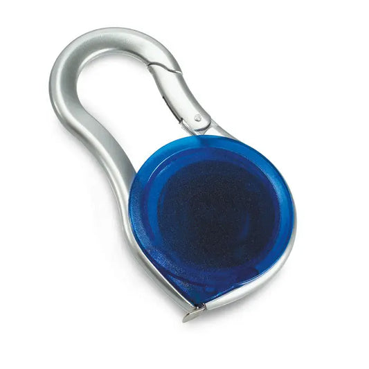 Banda de masurat din plastic albastru transparent cu clema metalica argintie tip carabiniera