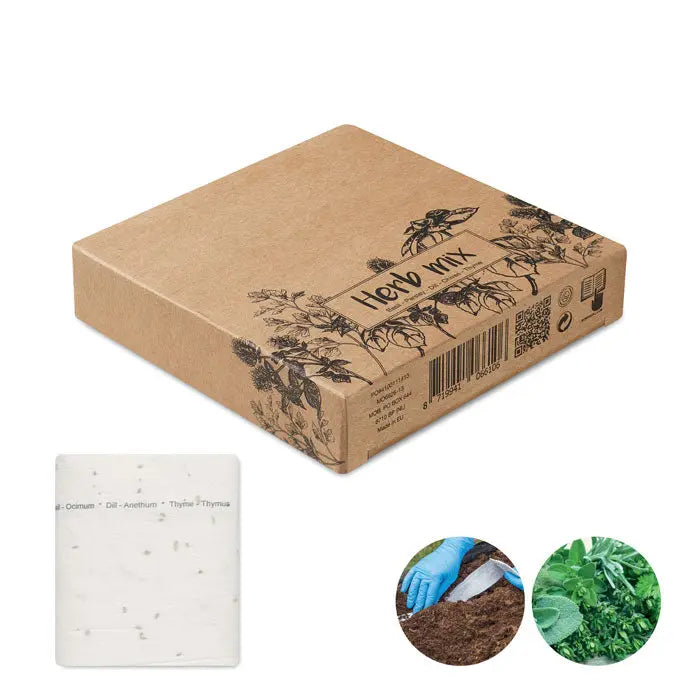 Cutie maro din carton etichetata herb mix cu ilustratii botanice negre si blocuri de seminte pentru ierburi de 3 metri