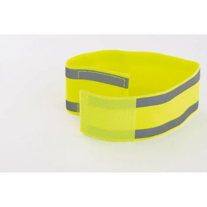 Bratara reflectorizanta sport bandera din lycra galbena cu dungi gri si inchidere velcro