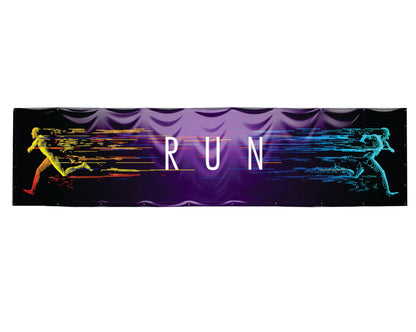 Banner de exterior personalizabil cu gradient mov si figuri stilizate alergand galbene si cyan cu textul run central