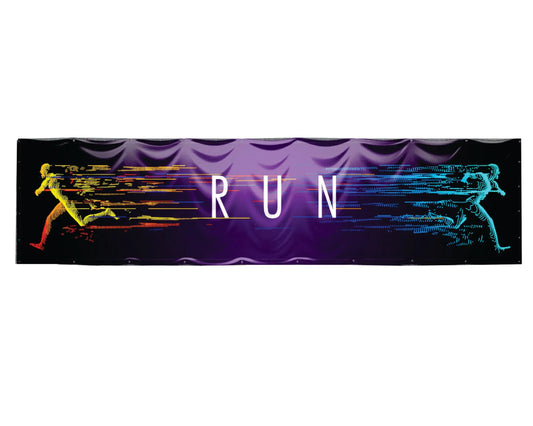 Banner de exterior personalizabil cu gradient mov si figuri stilizate alergand galbene si cyan cu textul run central