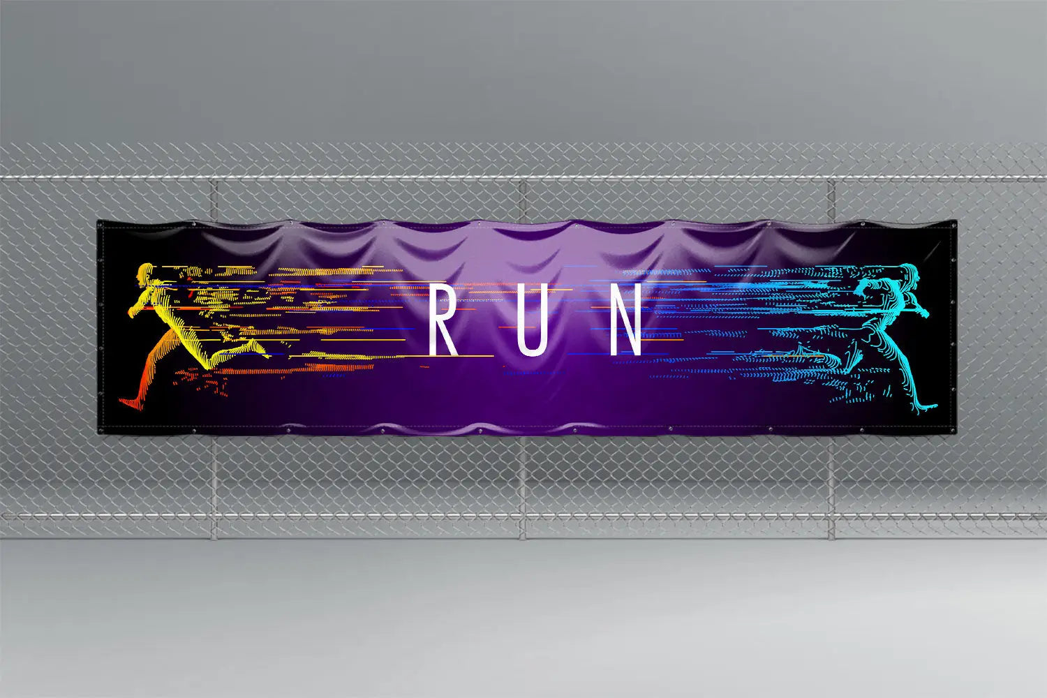 Banner de exterior personalizabil mov cu figuri luminoase portocalii si albastre si textul run alb