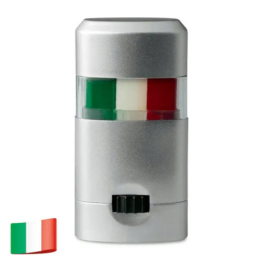 Baton de vopsea pentru corp argintiu cu sectiune transparenta afisand dungi verticale in culorile steagului italian