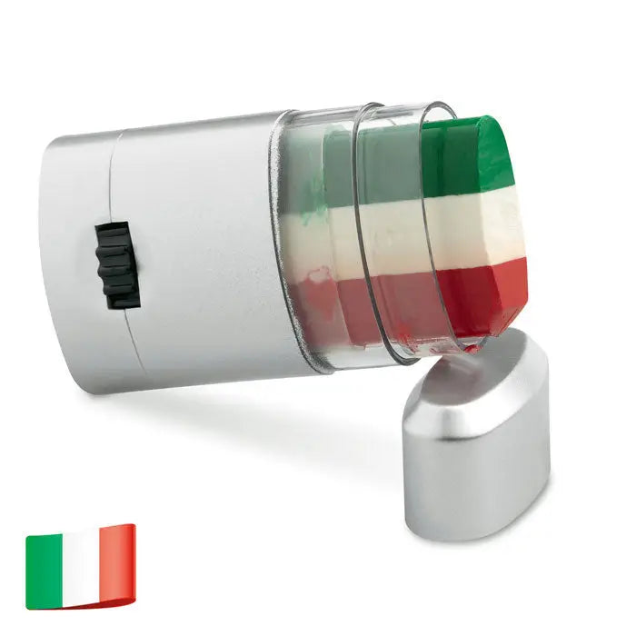 Baton de vopsea pentru corp argintiu cilindric cu capac transparent si gel in dungi verde alb rosu