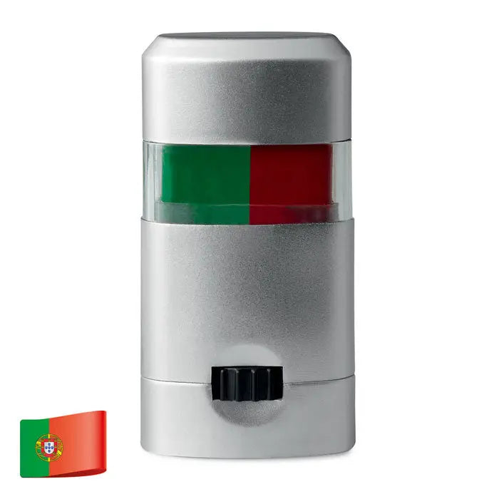 Baton de vopsea pentru corp argintiu cilindric cu sectiune transparenta si dungi verticale verzi si rosii cu capac negru