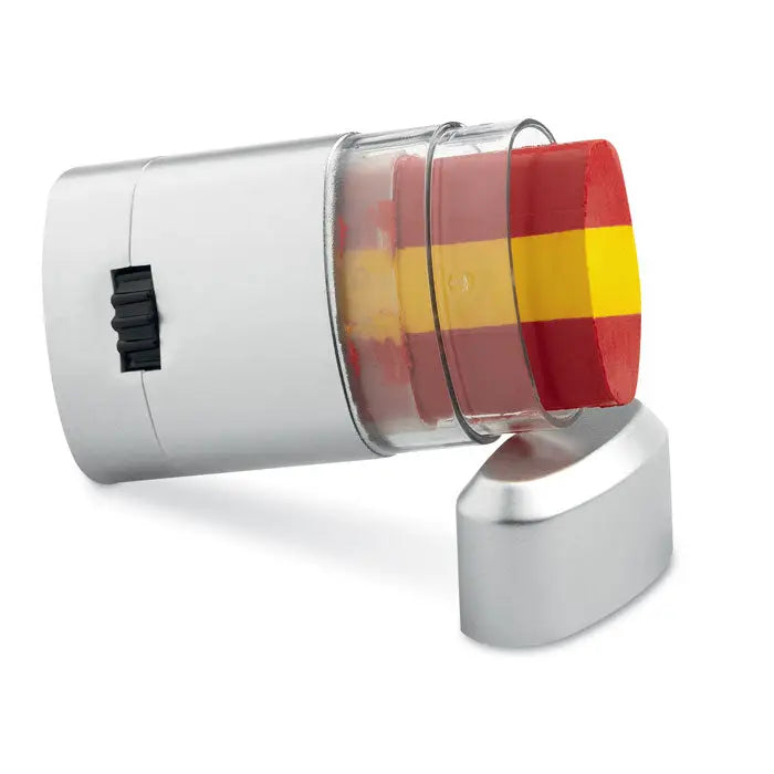 Baton de vopsea pentru corp cilindric argintiu cu capac transparent ce arata ceara rosie si galbena in dungi