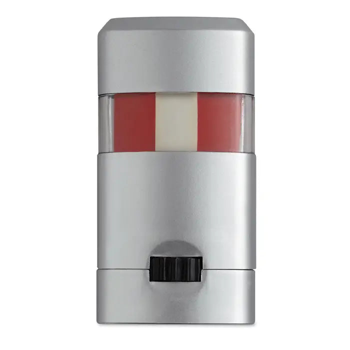 Baton de vopsea pentru corp cu stick metalic argintiu si balsam rosu si crem vizibil prin fereastra clara cu capac negru texturat