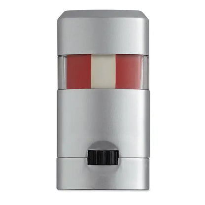 Baton de vopsea pentru corp cu stick metalic argintiu si balsam rosu si crem vizibil prin fereastra clara cu capac negru texturat