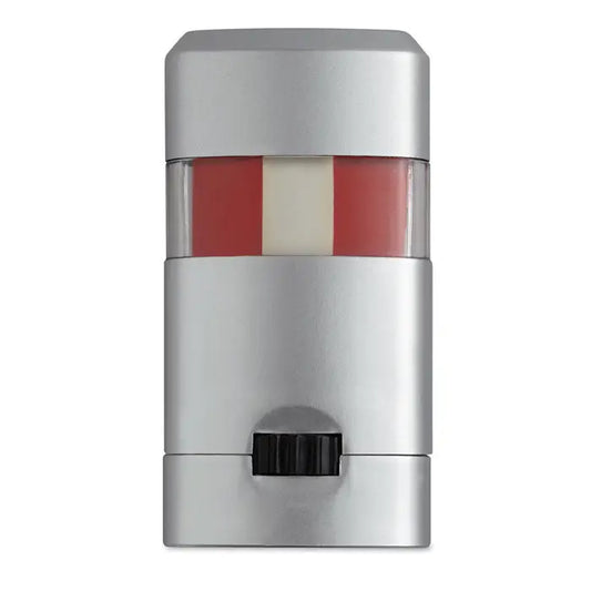 Baton de vopsea pentru corp cu stick metalic argintiu si balsam rosu si crem vizibil prin fereastra clara cu capac negru texturat