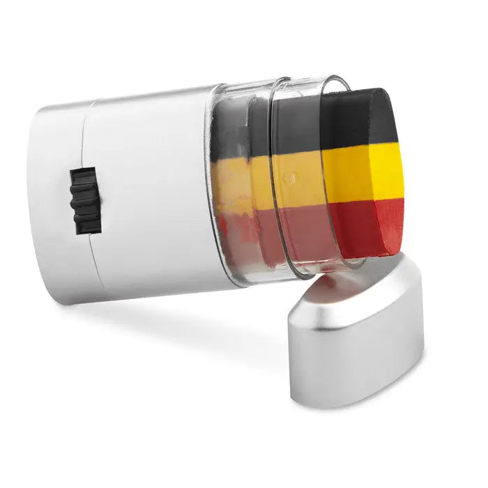 Baton de vopsea pentru corp argintiu cilindric cu carcasă transparentă și dungi negre galbene roșii ale drapelului belgian