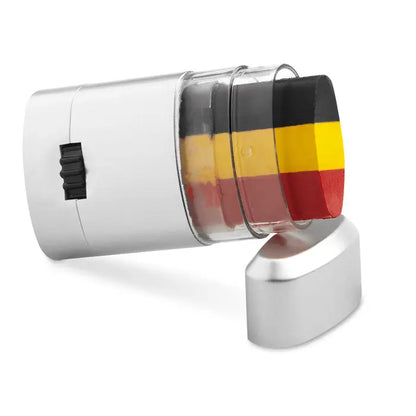 Baton de vopsea pentru corp argintiu cilindric cu carcasă transparentă și dungi negre galbene roșii ale drapelului belgian