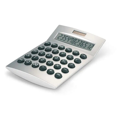 Calculator manual bazele calculatorului cu 12 cifre argintiu cu butoane negre circulare si afisaj digital