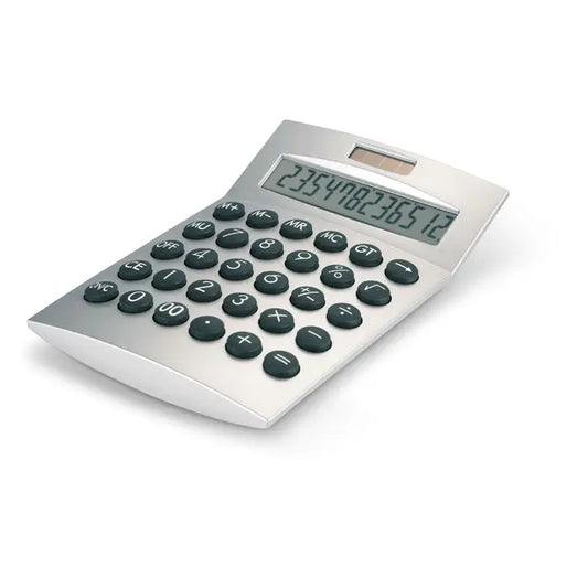 Calculator manual bazele calculatorului cu 12 cifre argintiu cu butoane negre circulare si afisaj digital