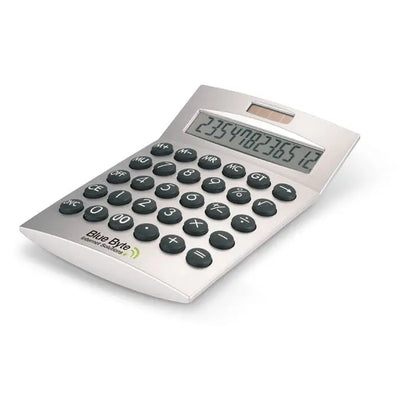 Calculator desktop bazele calculatorului cu 12 cifre argintiu albastru cu butoane negre si afisaj digital