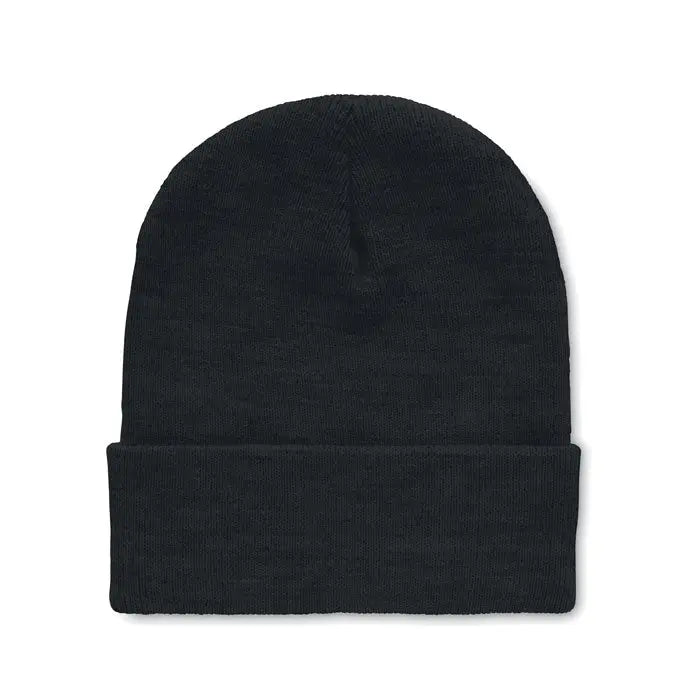 Beanie din rpET negru cu manseta pliata din tricot ideal pentru tinute casual de iarna