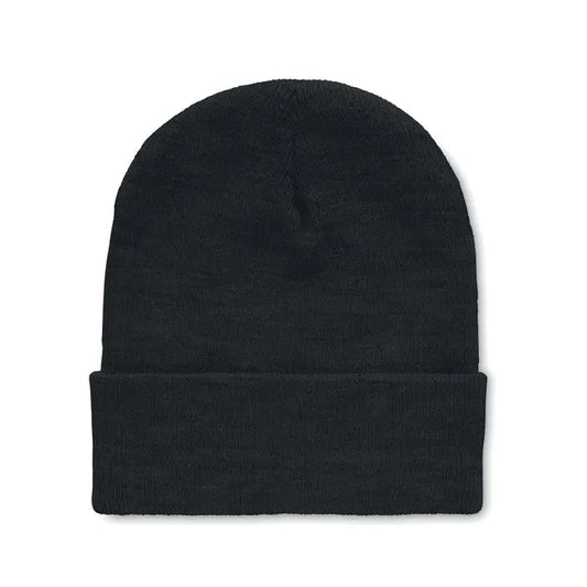 Beanie din rpET negru cu manseta pliata din tricot ideal pentru tinute casual de iarna