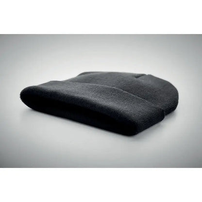 Beanie din rpet negru cu manseta, tricotat si textura rib, ideal pentru protecție la frig