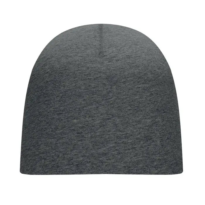 Beanie unisex din bumbac gri melanj din tricot cu textura neteda si cusatura verticala subtila la coroana